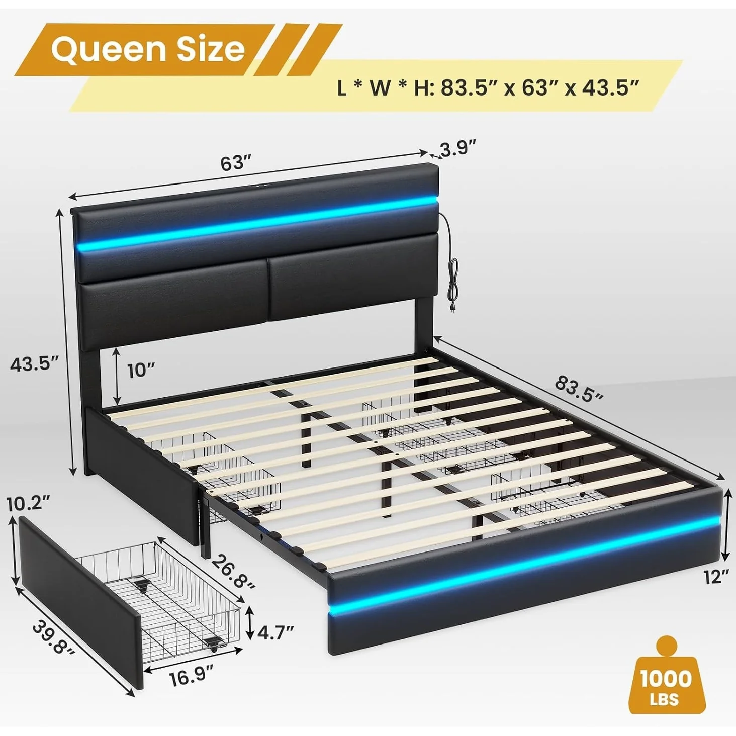 LED Bed Frame with 4 Storage Drawers Platform Metal Bed Frame