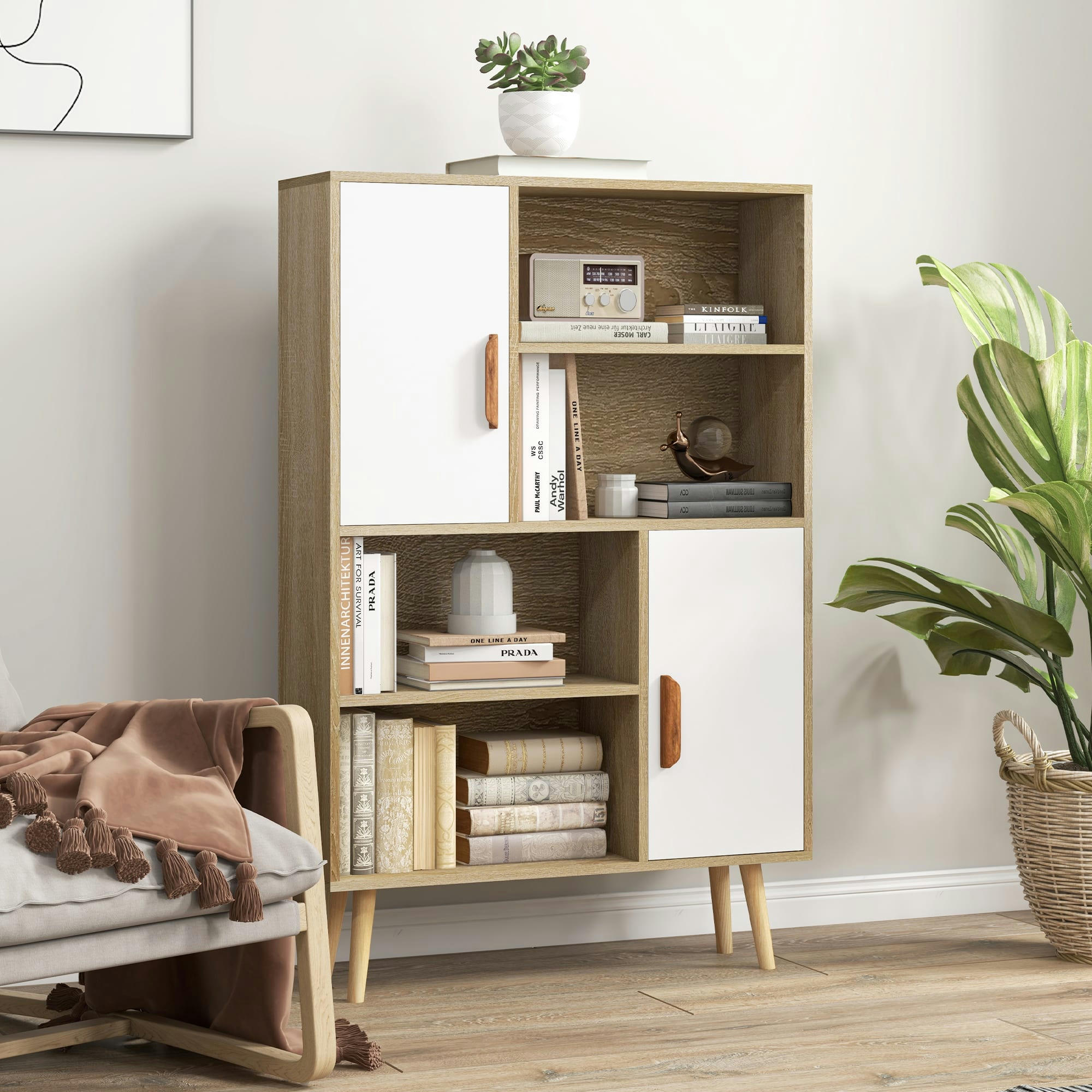 - Bibliothèque scandinave 4 niches + 2 placards blanc naturel