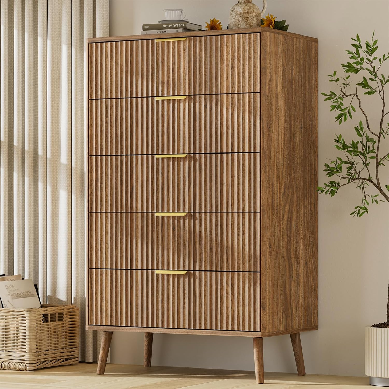 LYNSOM Fluted 5 Drawers Dresser, 45 Tall Modern Chest of Drawers with Curved Profile Design and Metal Handle, Wood Drawer Organizer for Bedroom, Living Room, Hallway, Entryway, Walnut