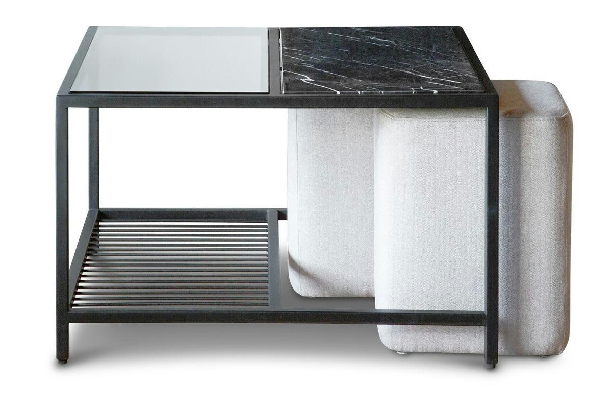 NOORA - Table basse carrée en marbre noir et poufs gris