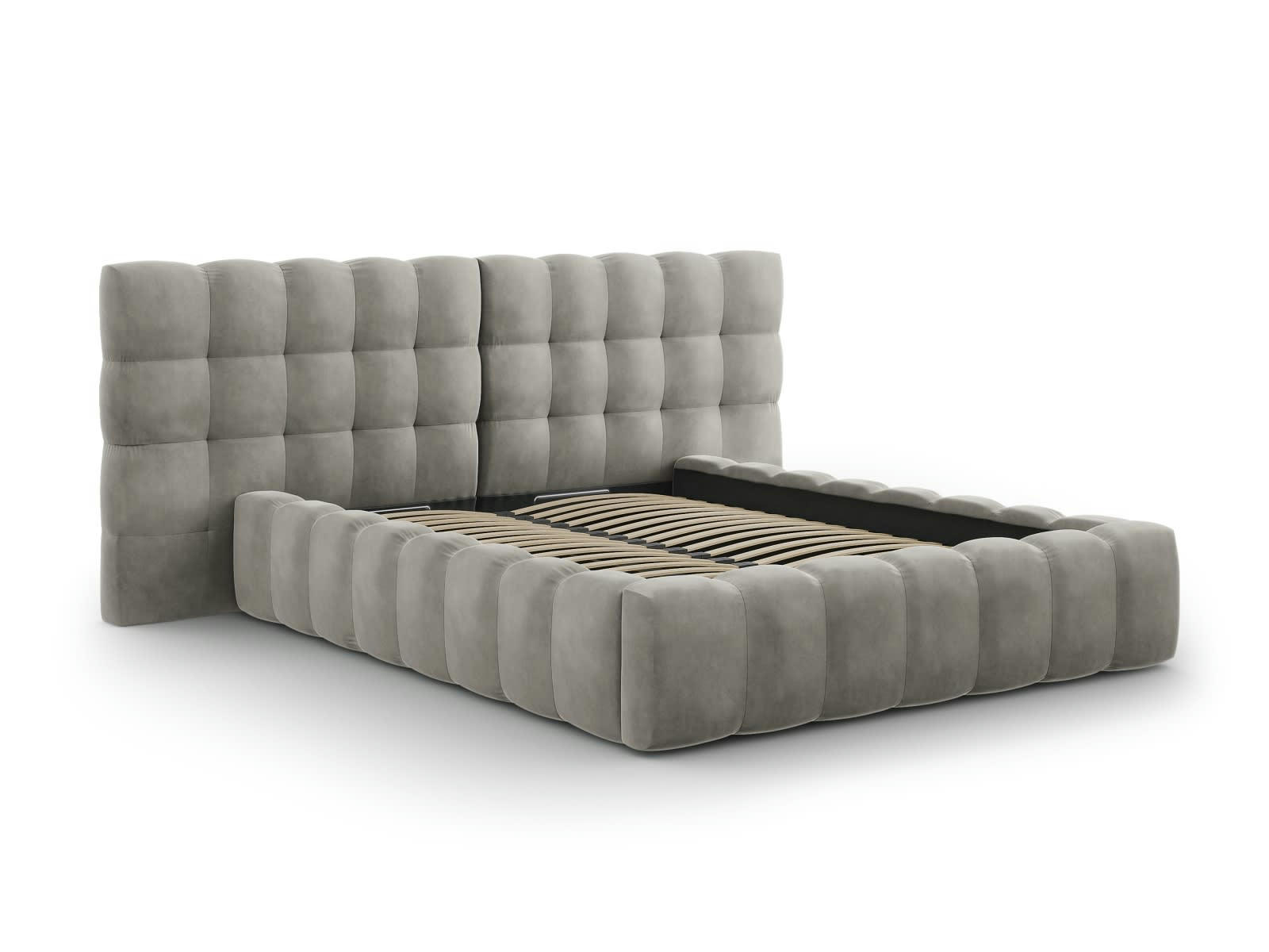 MAMAIA - Lit coffre en avec tête de lit double 160x200cm velours gris clair