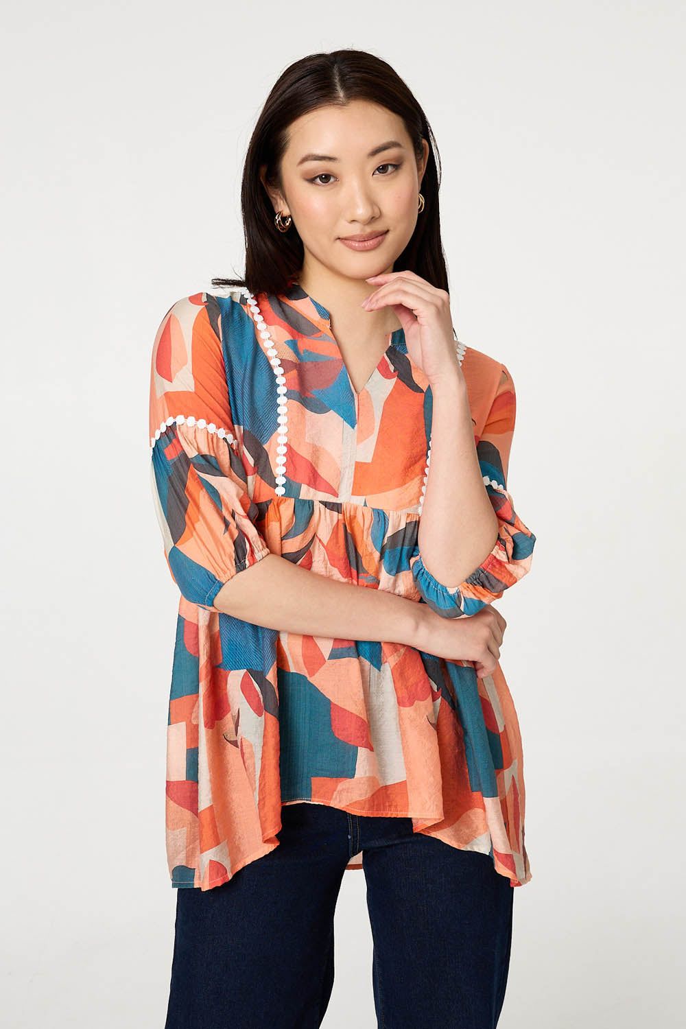 Izabel London Abstract Lace Trim Relaxed Blouse