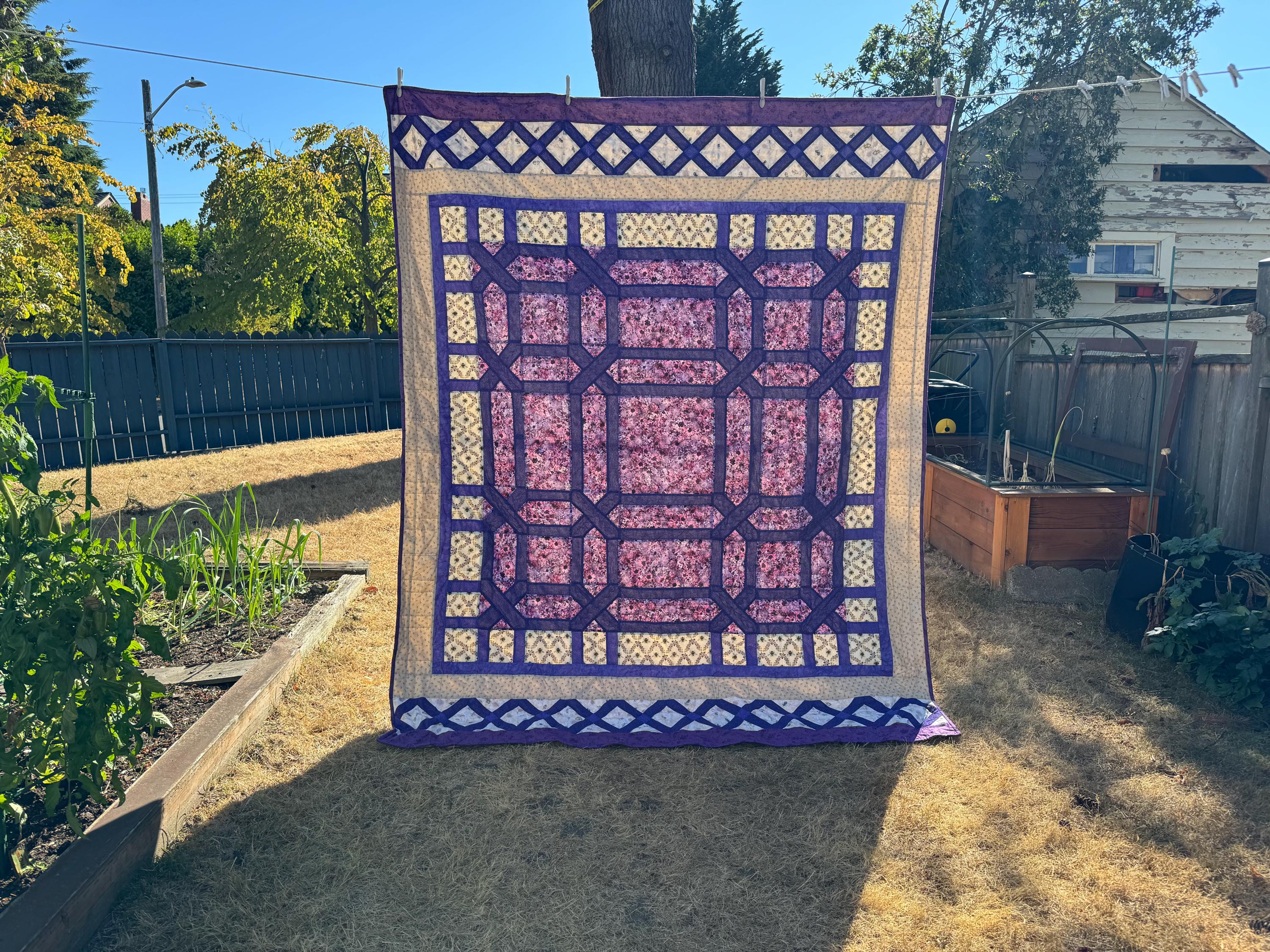 Purple Floral Quilt, Handmade Geometric Throw Quilt with Bees, 60 x 80