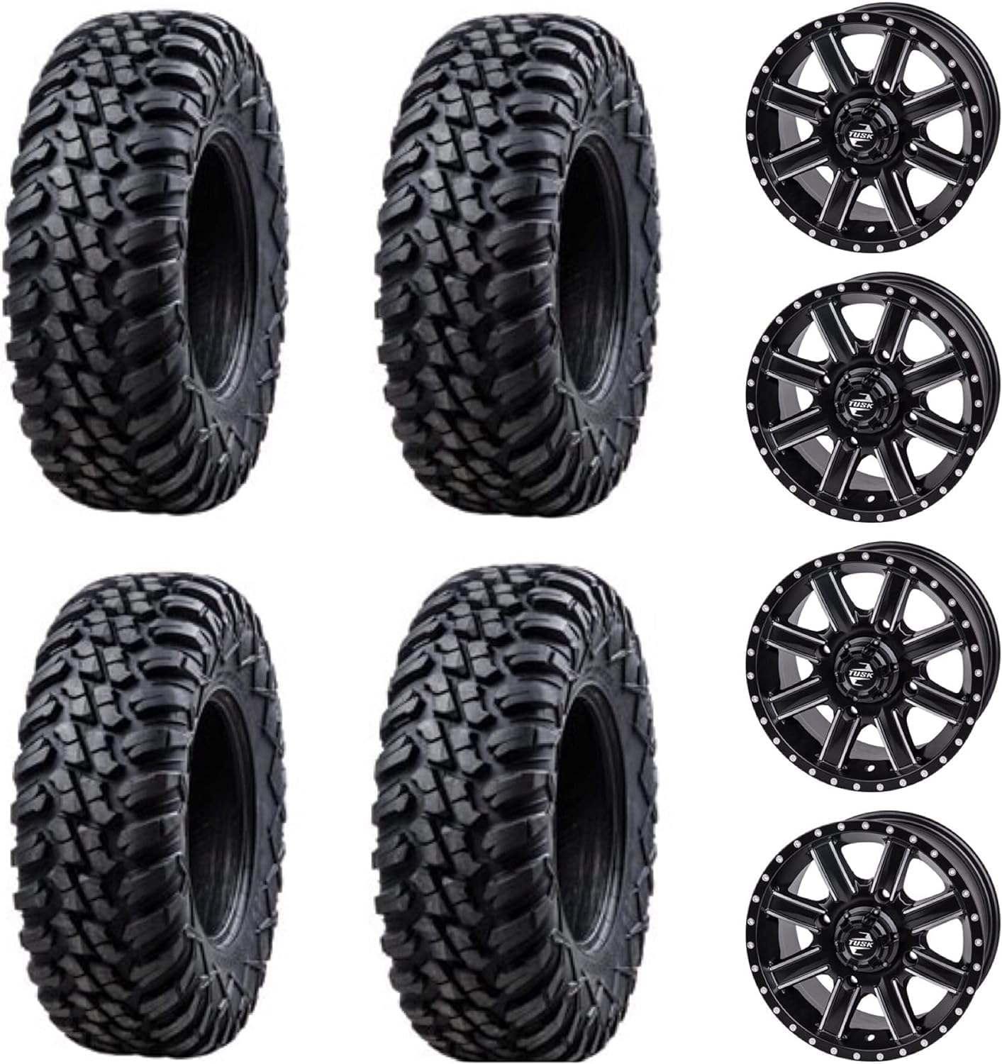 Tusk Set of 30x10-14 TERRABITE Heavy Duty 8-Ply Radial UTV Tires mounted on CASCADE Wheels - Compatible with POLARIS applications 4/156 bolt pattern Includes Lug Nuts (4+3 Offset, Machined/Black)