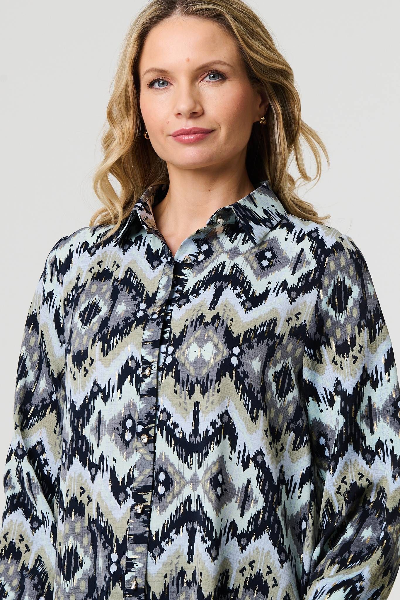 Izabel London Aztec Print High Low Long Sleeve Shirt