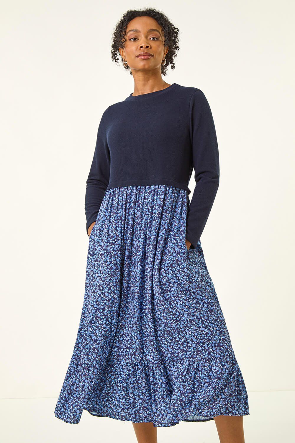 Roman Petite Contrast Tiered Midi Dress