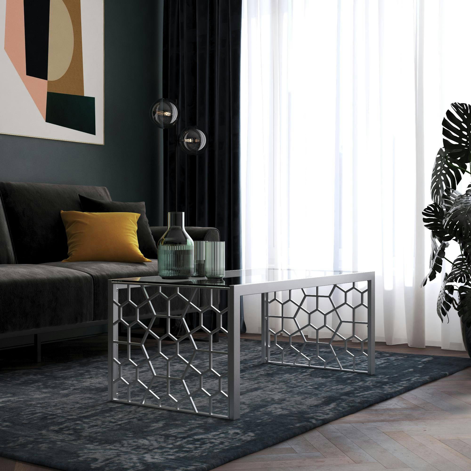 JULIETTE - Table basse en verre et structure en métal argenté