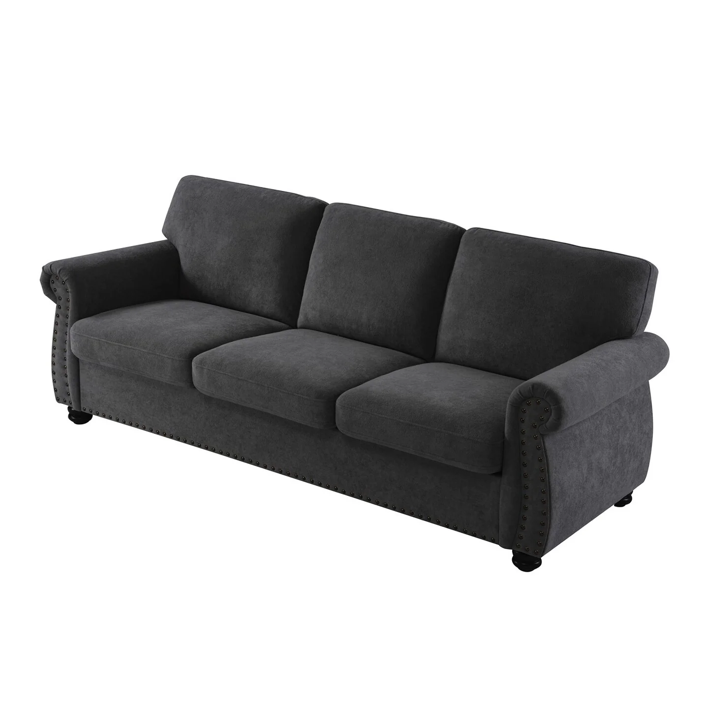 Soft Velvet Sofa, Upholstered 3 Seater Couch With High-Density Foam, Loose Back Cushions And Solid Wood Turned Legs
