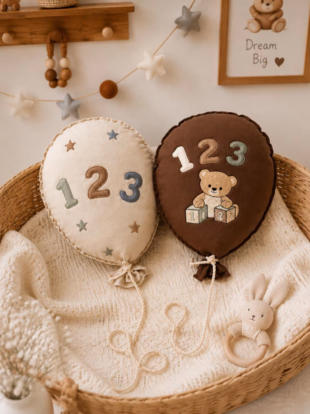 Personalized Number Balloon Pillow Set, Embroidered 123 Nursery Decor, Custom Baby Room Accent