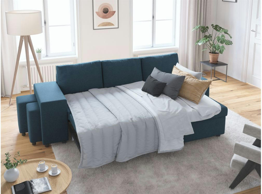 OSLO - Canapé d'angle convertible bleu pétrole avec rangement poufs à gauche