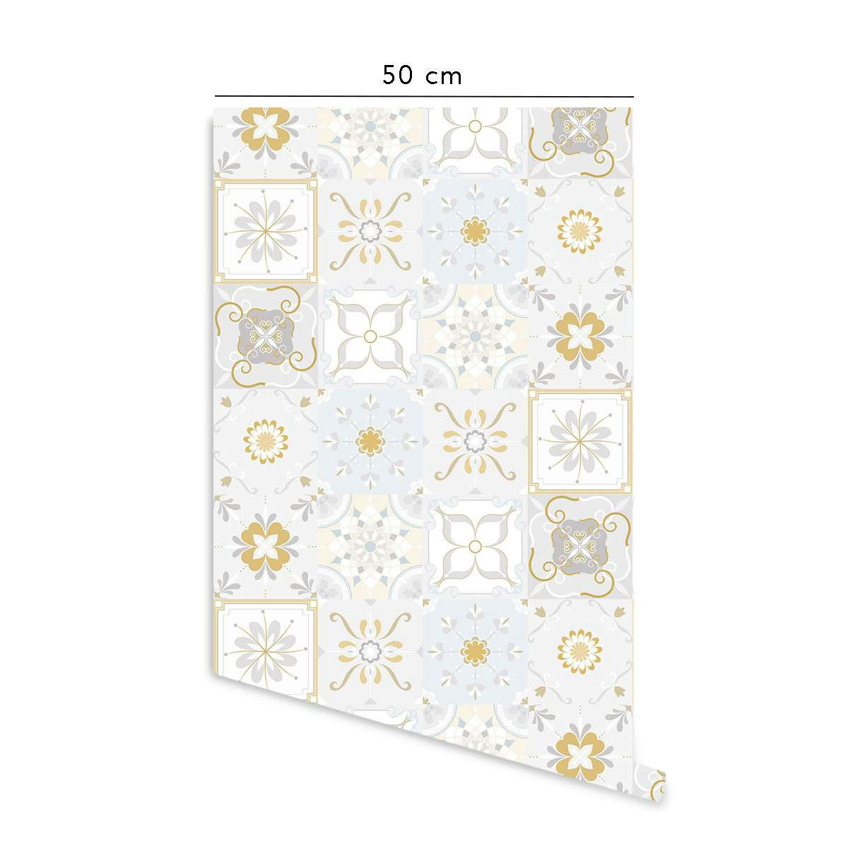 VINTAGETILES - Papier peint vinyle adhésif carreaux gris et moutarde 50x300 cm