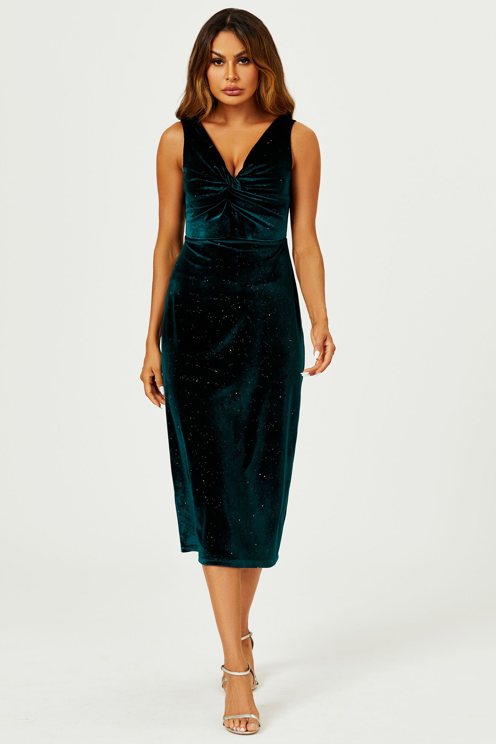 FS Collection Silver Sparkly Velvet Knot Front Midi Dress In Green