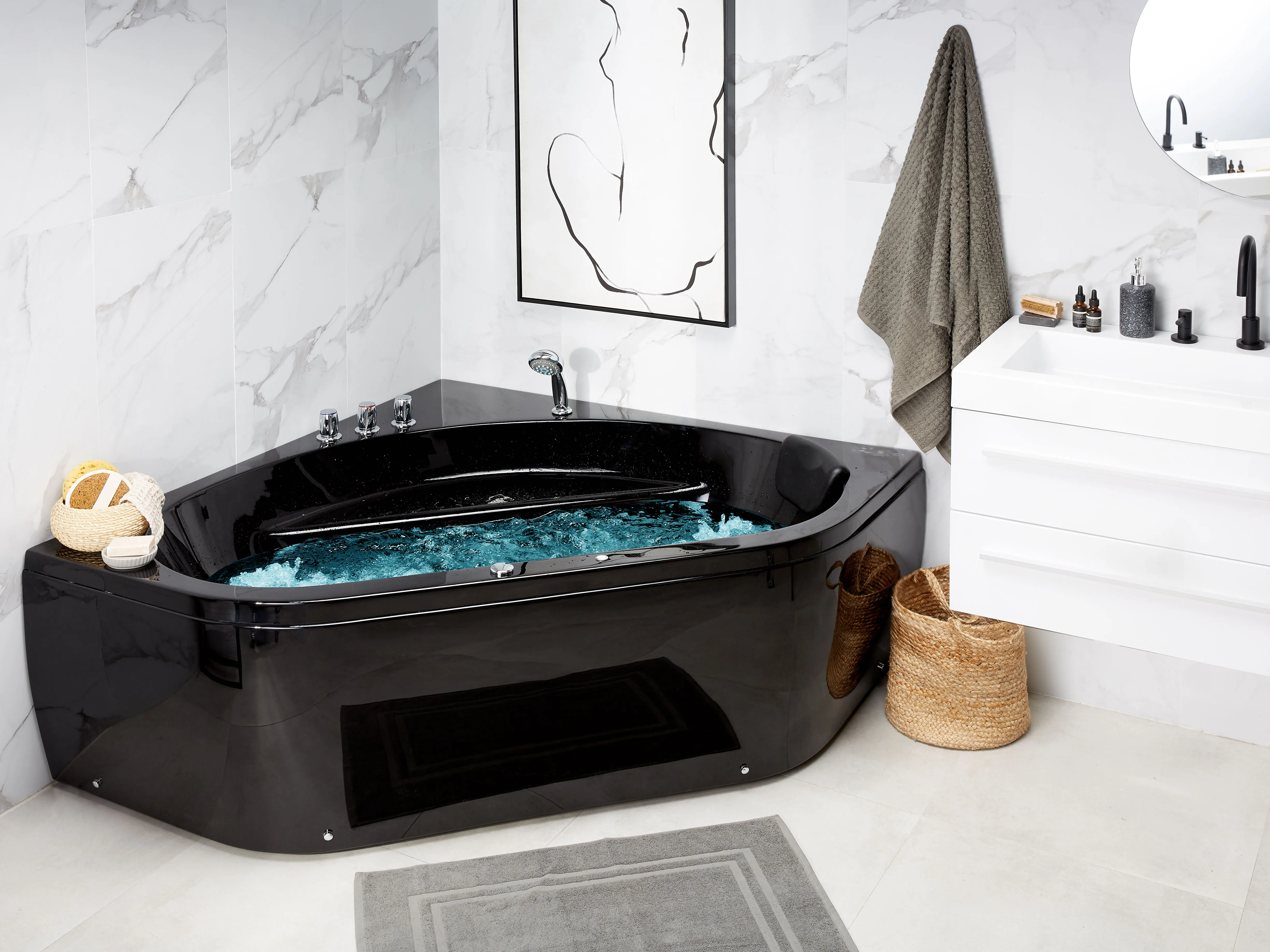 Corner Hot Tub with LED MEVES 1400 x 1400 mm Black