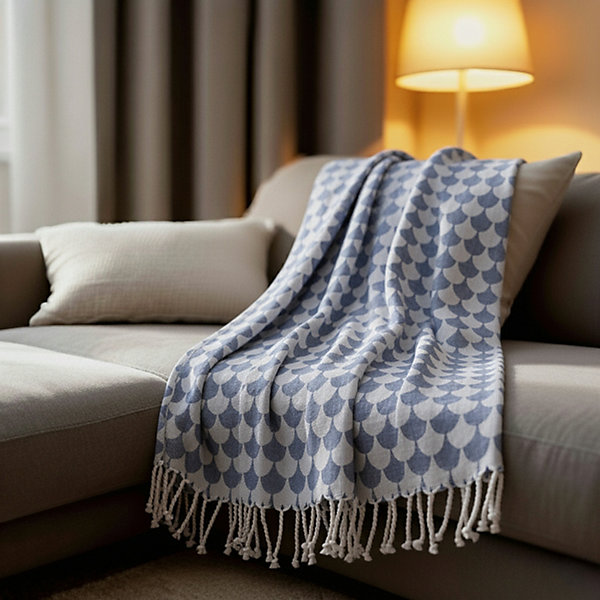 Couverture plaid DROPALL 100% coton bleu marine et blanc 130x170 cm - SACASA