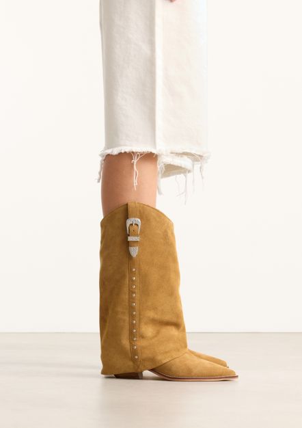 Beige suède cowboylaarzen met flap