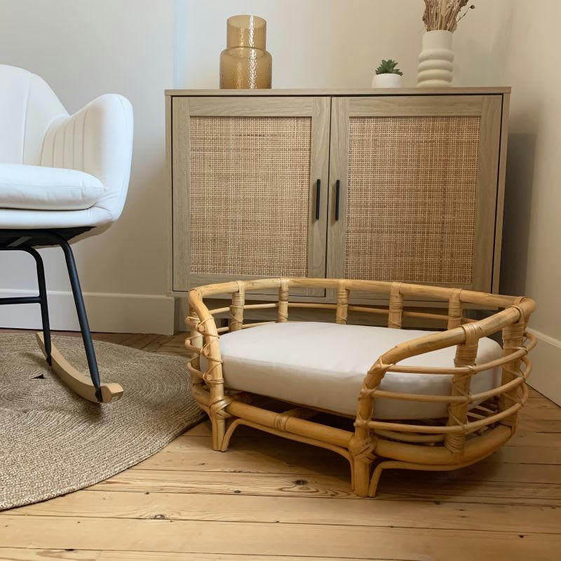 THEMIS - Panier ovale pour chien et chat en rotin coussin écru