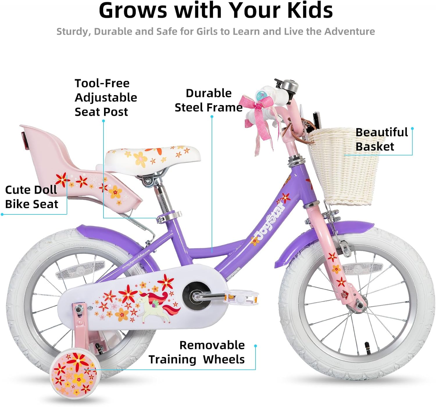 JOYSTAR Unicorn Kids Bike for Girls Ages 2-9 Years Old, 12 14 16 18 Inch Kids Bike with Training Wheels, Doll Seat, Streamers and Basket, Toddler Girl Bicycle, Multiple Colors