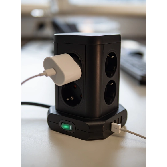 Steckdosenturm 8-fach mit 4x USB schwarz 2m