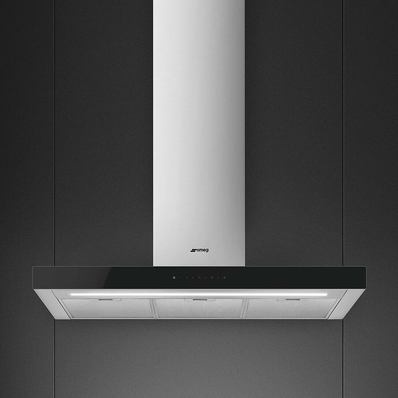 90cm Chimney Auto-Vent 2.0 Hood Stainless Steel with Black Glass