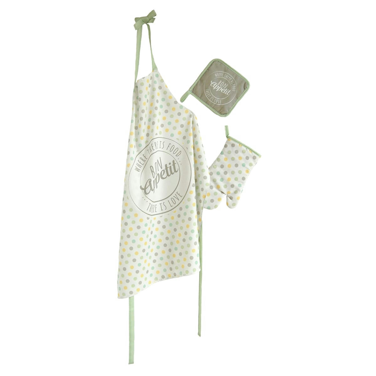 BON APPETIT - Set tablier(70x79cm), gant (27x14cm) et manique (18x18cm)  blanc