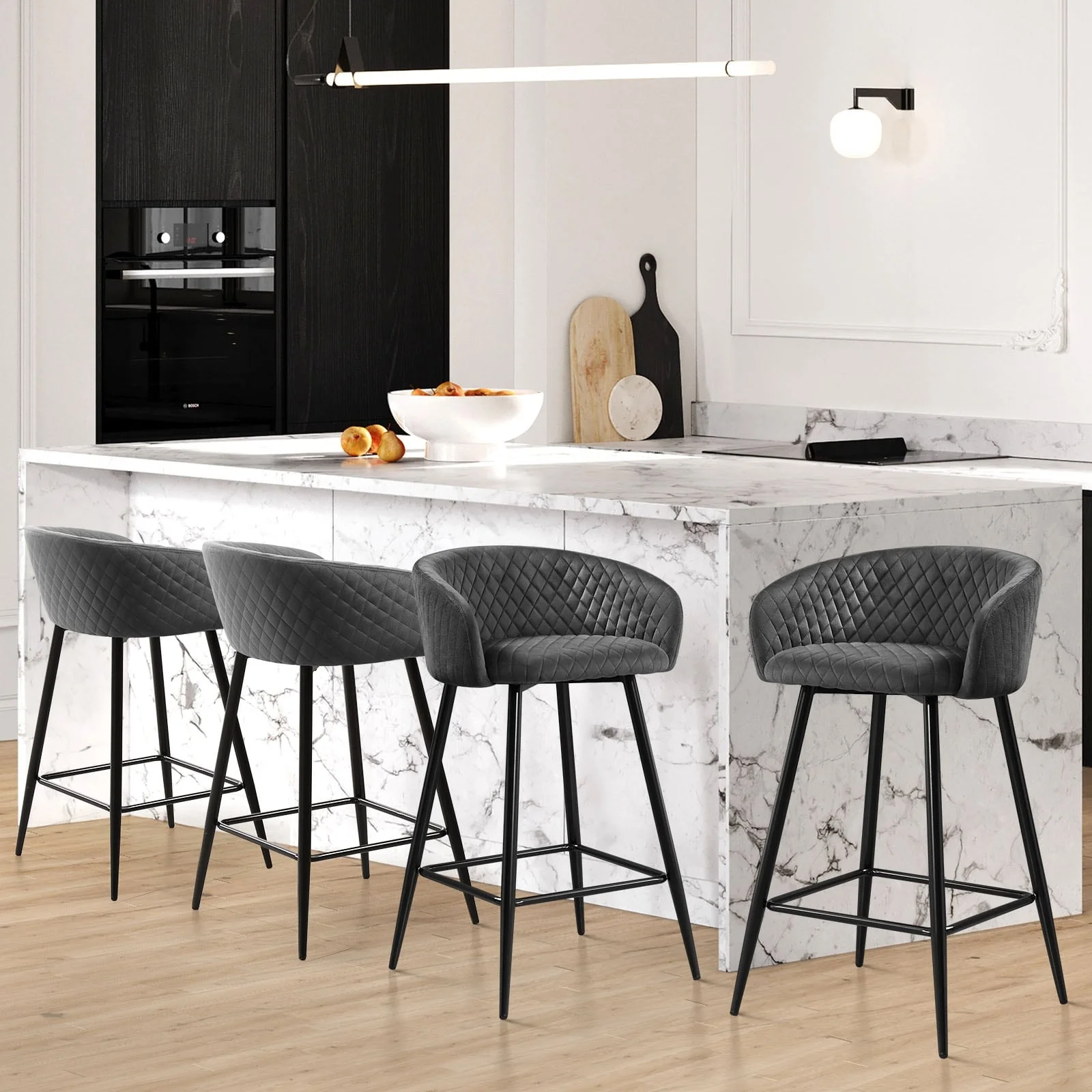 Velvet Upholstered Counter Height Bar Stools with Arms & Metal Legs - 33.9 H x 20.1 W x 20.7 D