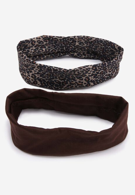 Womens 2pk Brown Animal Print Jersey Headbands