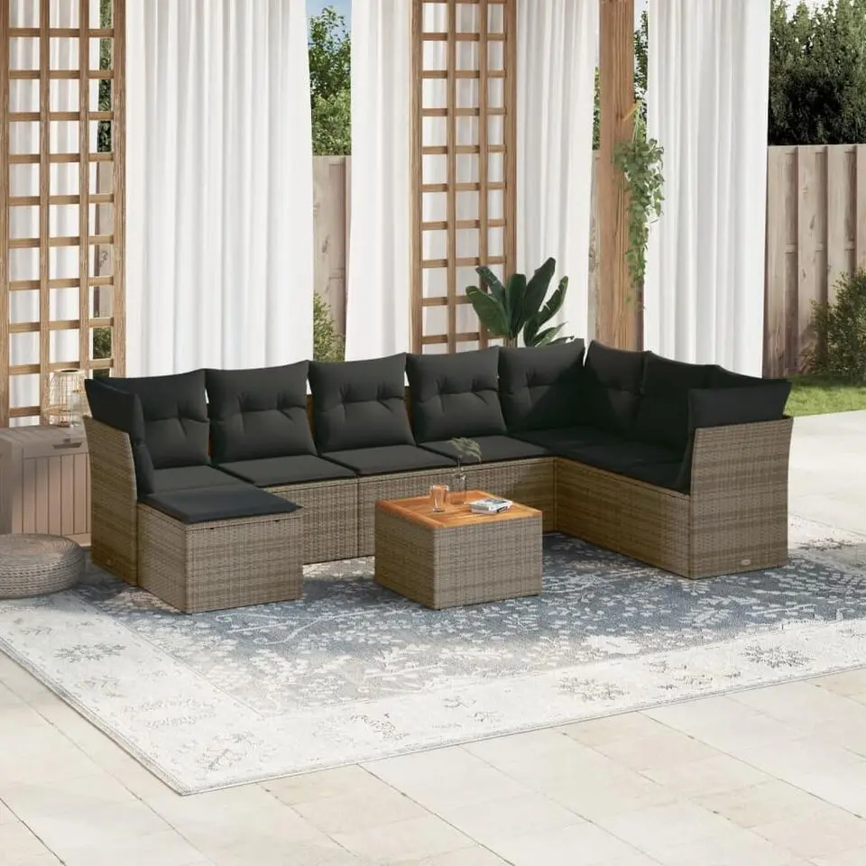 vidaXL Loungeset met kussens & hout salontafel - Grijs - Poly rattan - 9 stuks