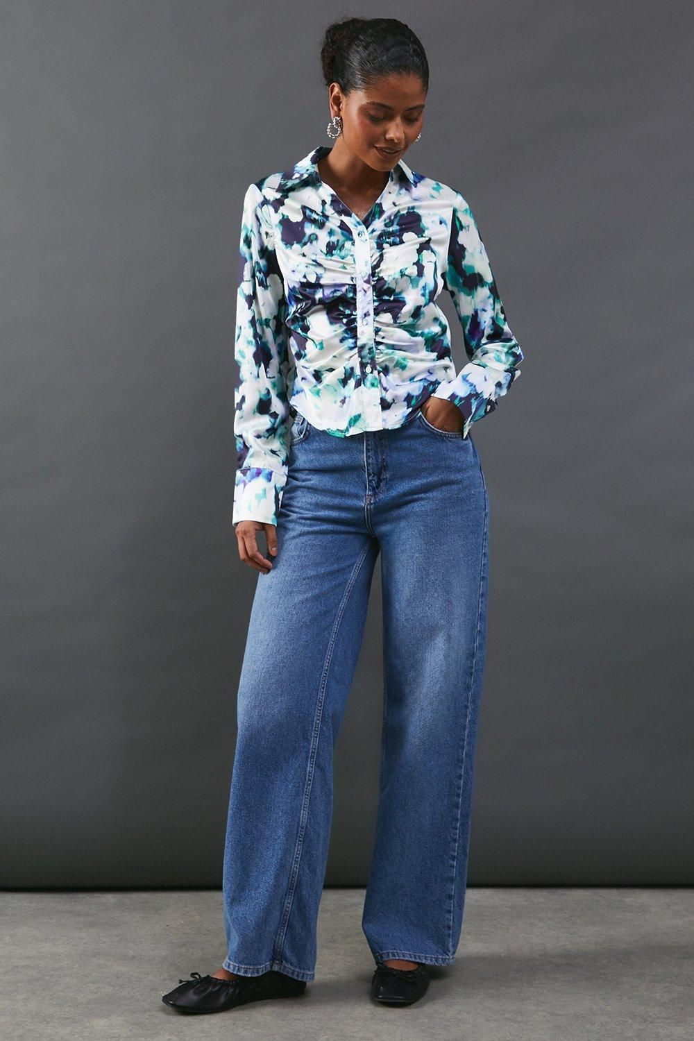 Warehouse Floral Satin Ruched Front Shirt