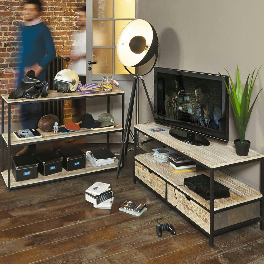 Long Island - Console industrielle en bois de sapin massif et métal noir