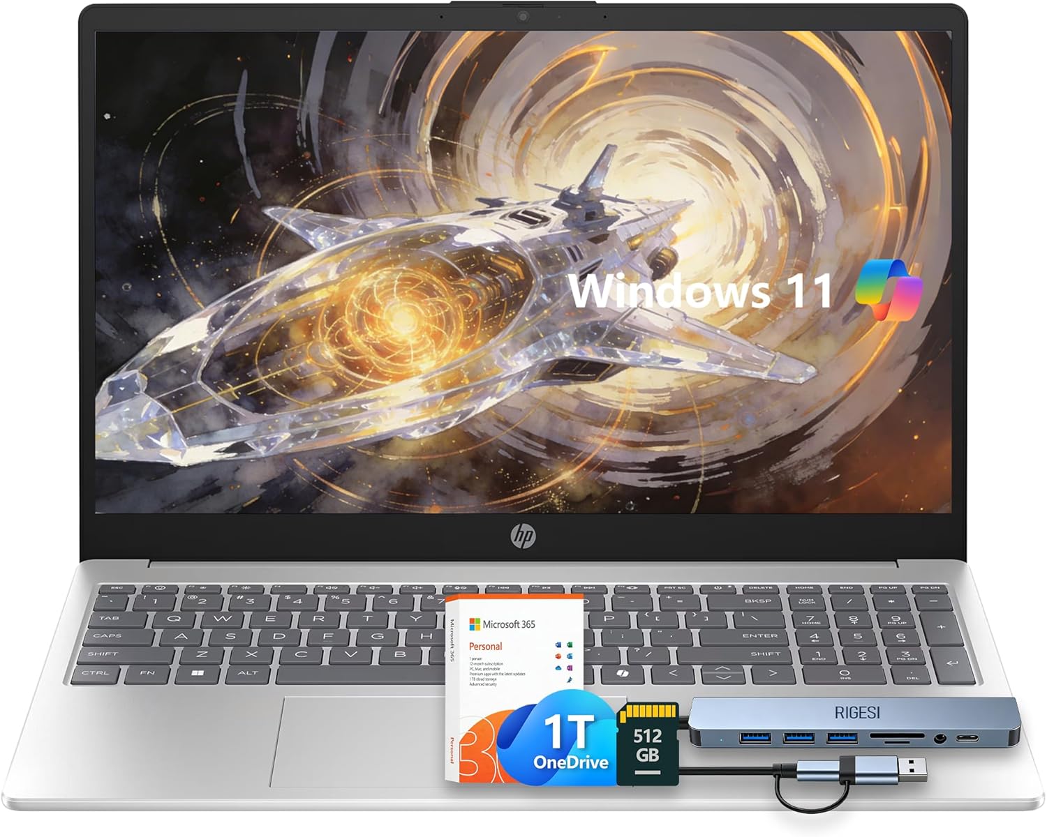 HP 15.6 Laptop – Complete Productivity Solution  Windows 11 with Microsoft Office  Intel 4 Core N100  8GB RAM  640GB Storage (128GB UFS + 512GB SD Card)  Copilot AI  Lightweight – Silver