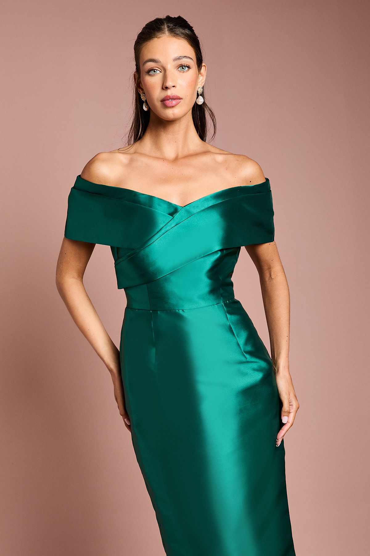Coast Twill Bardot Pleat Detail Column Detail Maxi Bridesmaid Dress