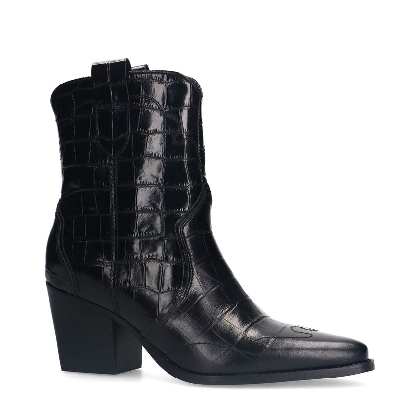 Manfield Zwarte leren croco enkellaarsjes met hak