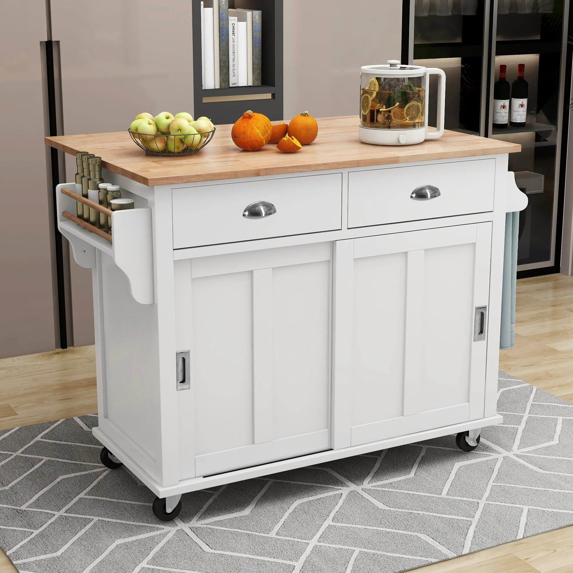 Wooden Kitchen Island with Rubber Drop-Leaf Countertop, Rolling Storage Cabinet wConcealed Sliding Barn Door & Adjustable Height