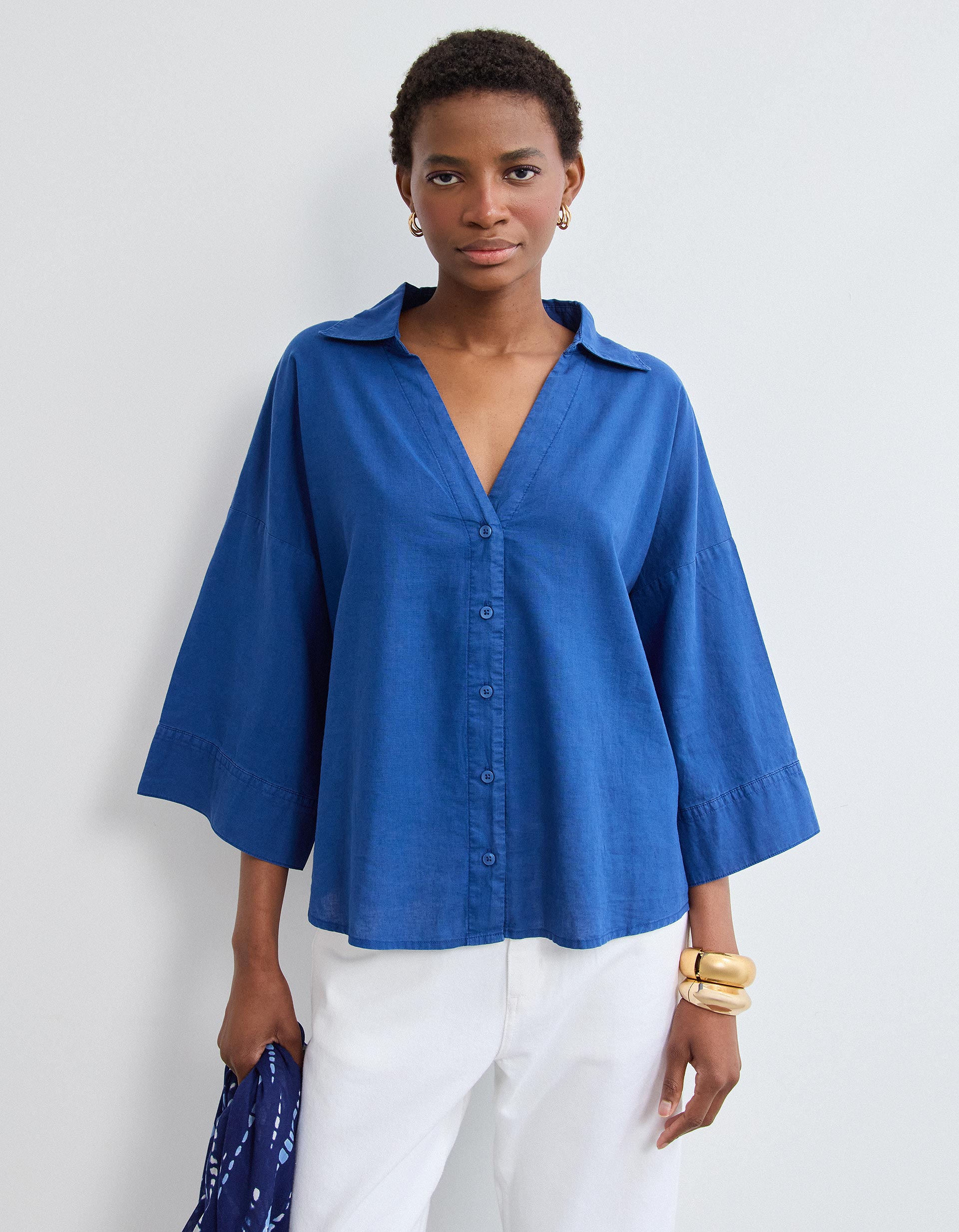 Blusa com Linho, Mulher, Azul