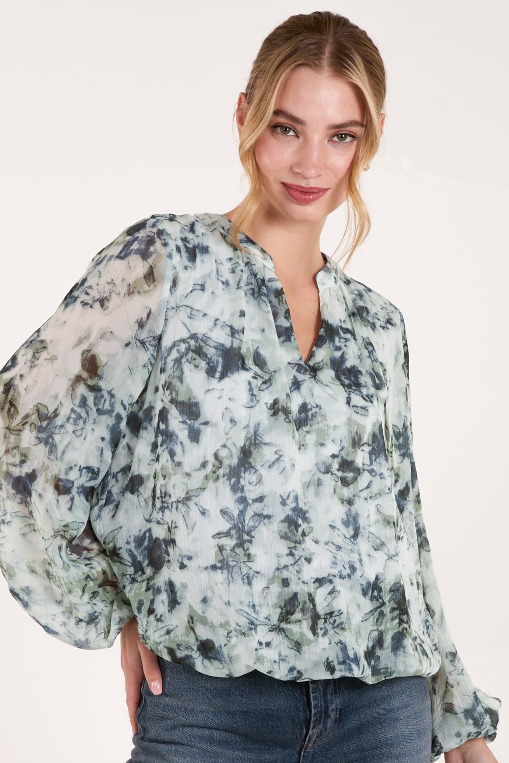 Blue Vanilla Grandad Collar Puffball Top