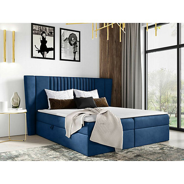 Lit continental Baltimore 184, Double, Bleu, Tissu, Disponible