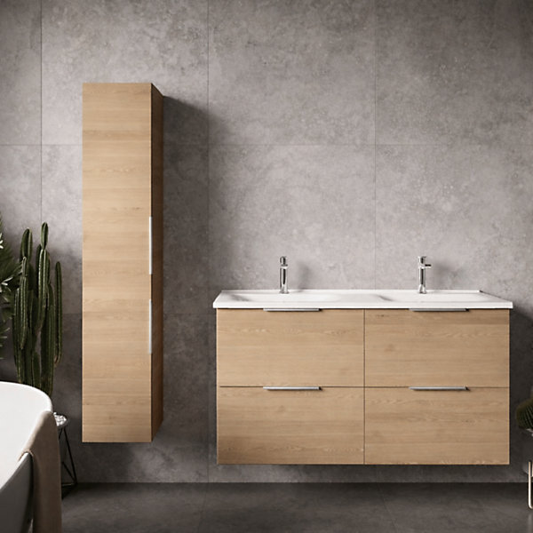 Meuble salle de bain double vasque BURGBAD Olena 120 cm chêne clair   colonne
