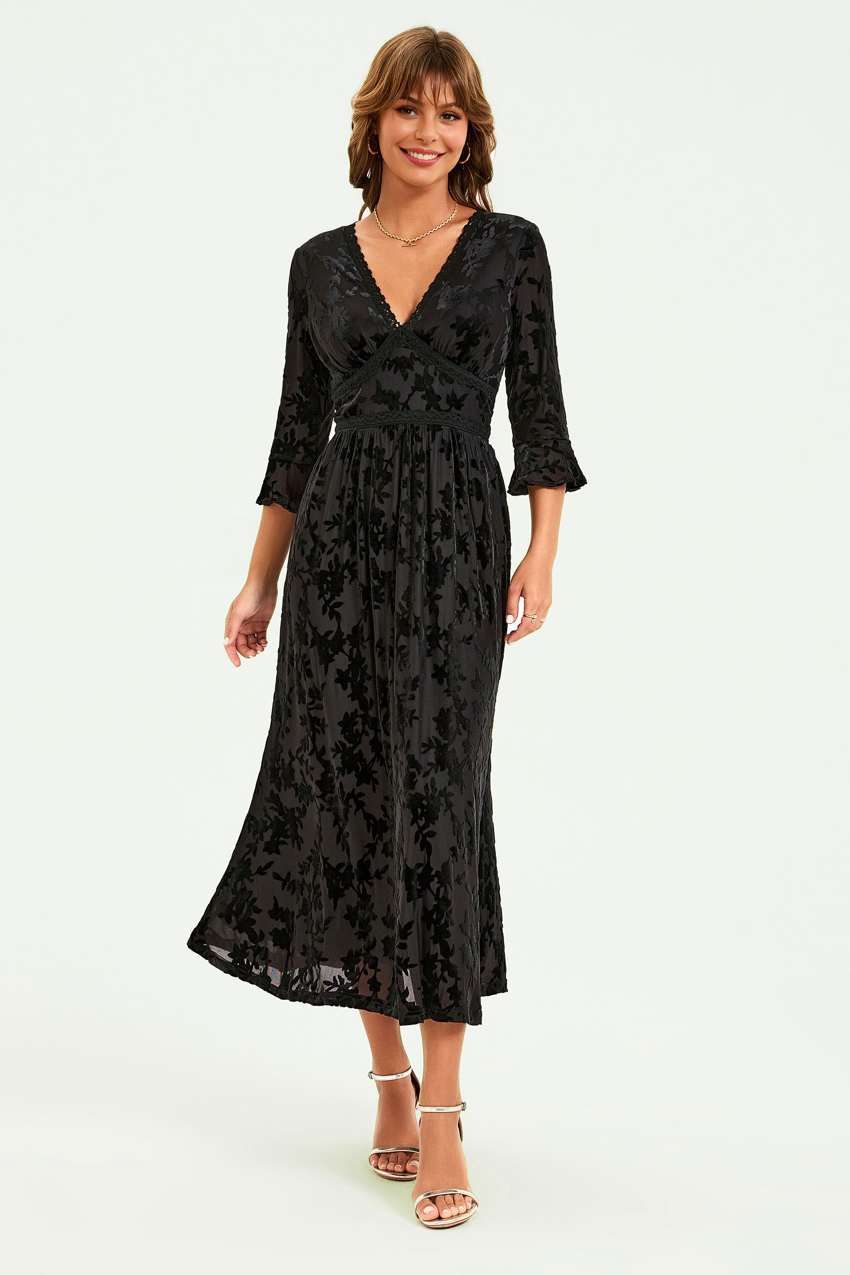 FS Collection Floral Velvet Devore Lace Trim Neckline Midi Dress In Black