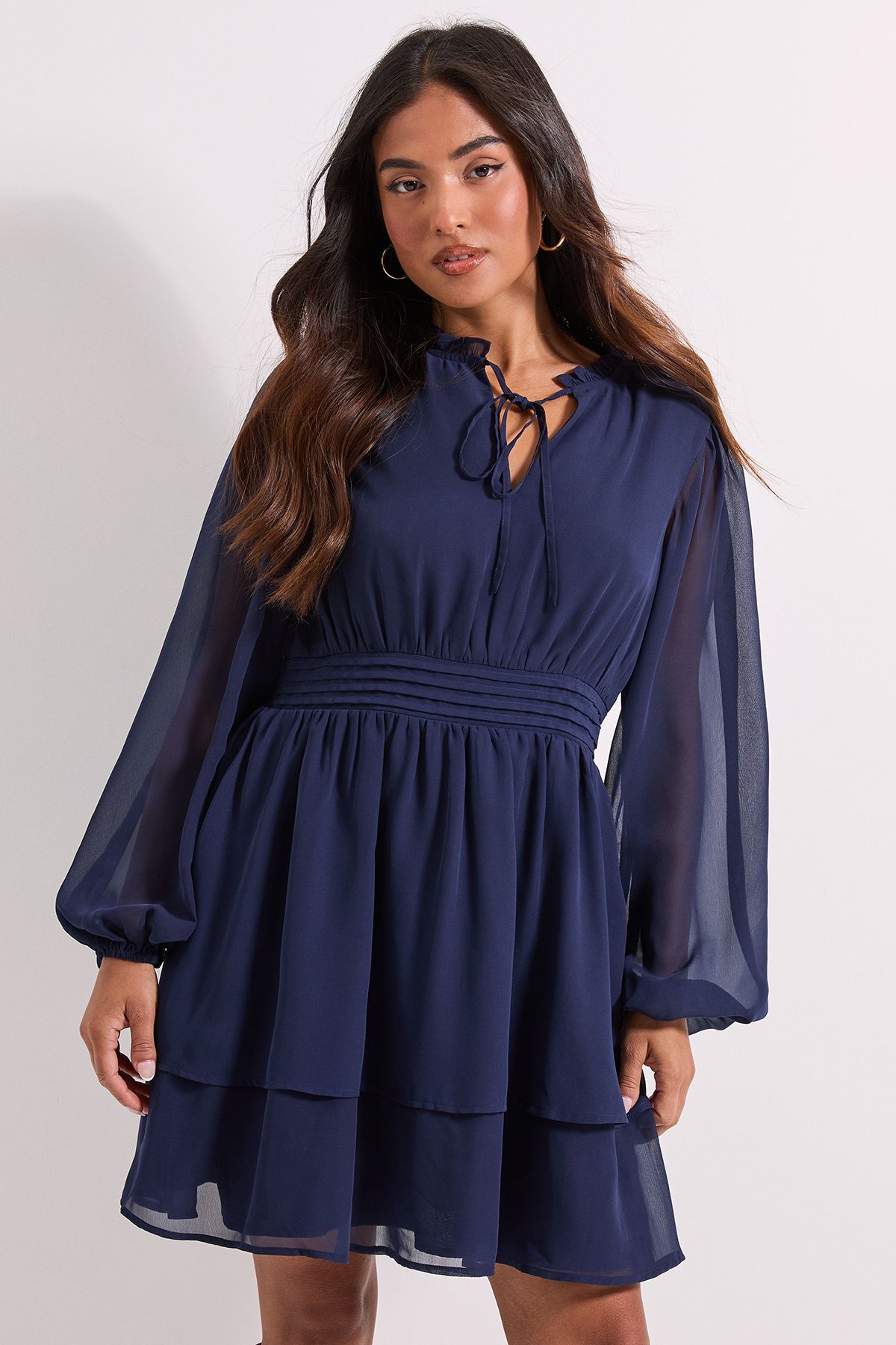 Dorothy Perkins Petite Tie Neck Tiered Skirt Mini Dress