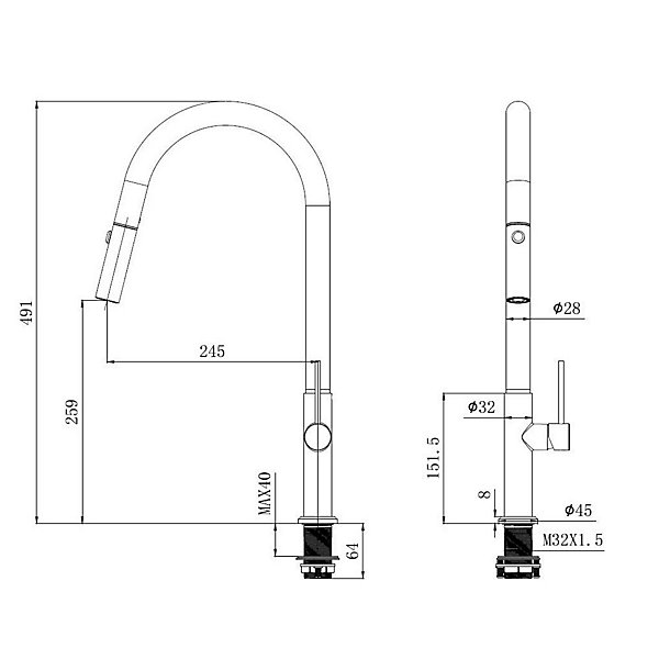 mitigeur monocommande avec douchette extractible et bras pivotant, 2 jets, Noir mat (SATBSD288C)