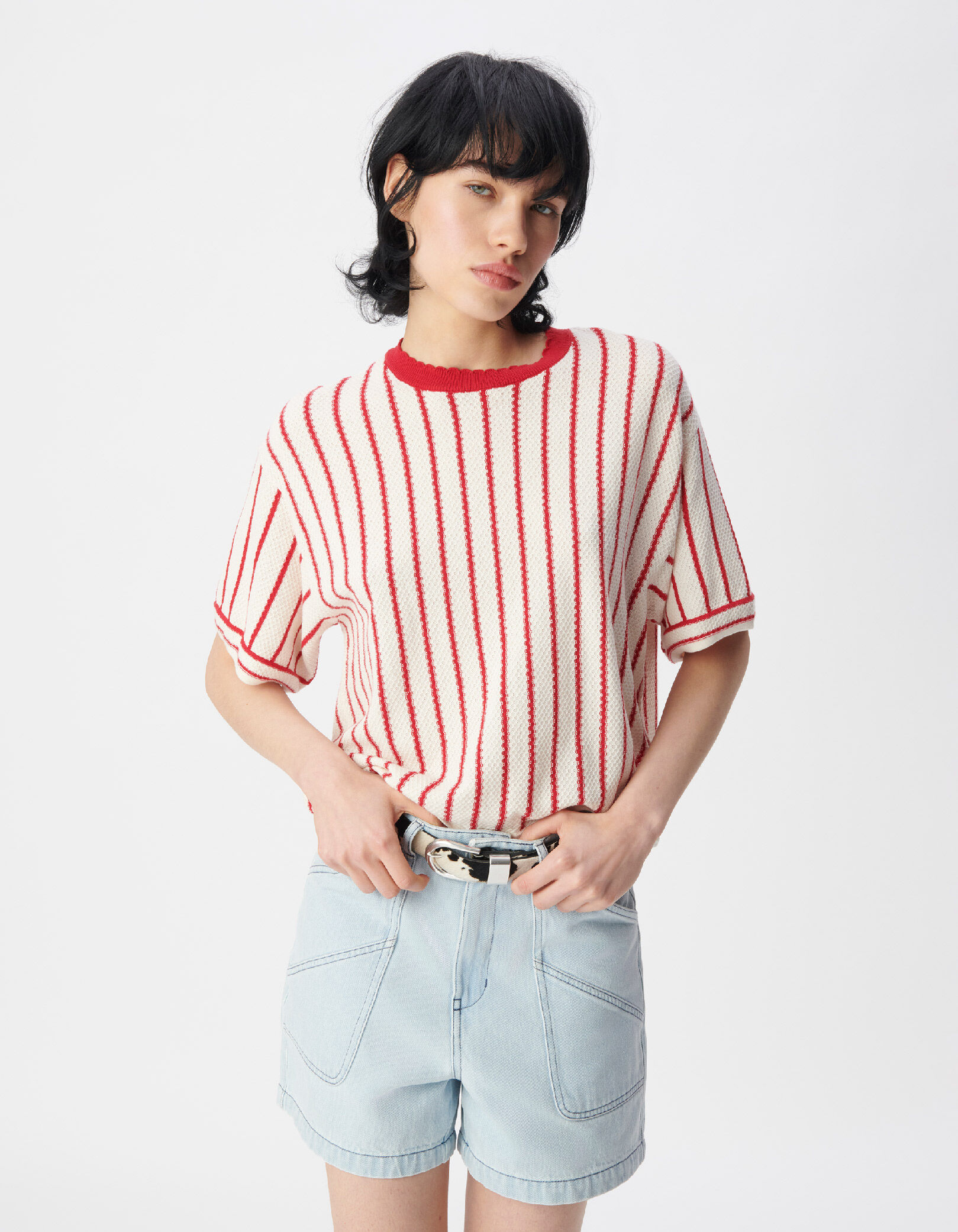 Tee-shirt blanc tricot coton bio rayures rouges Femme