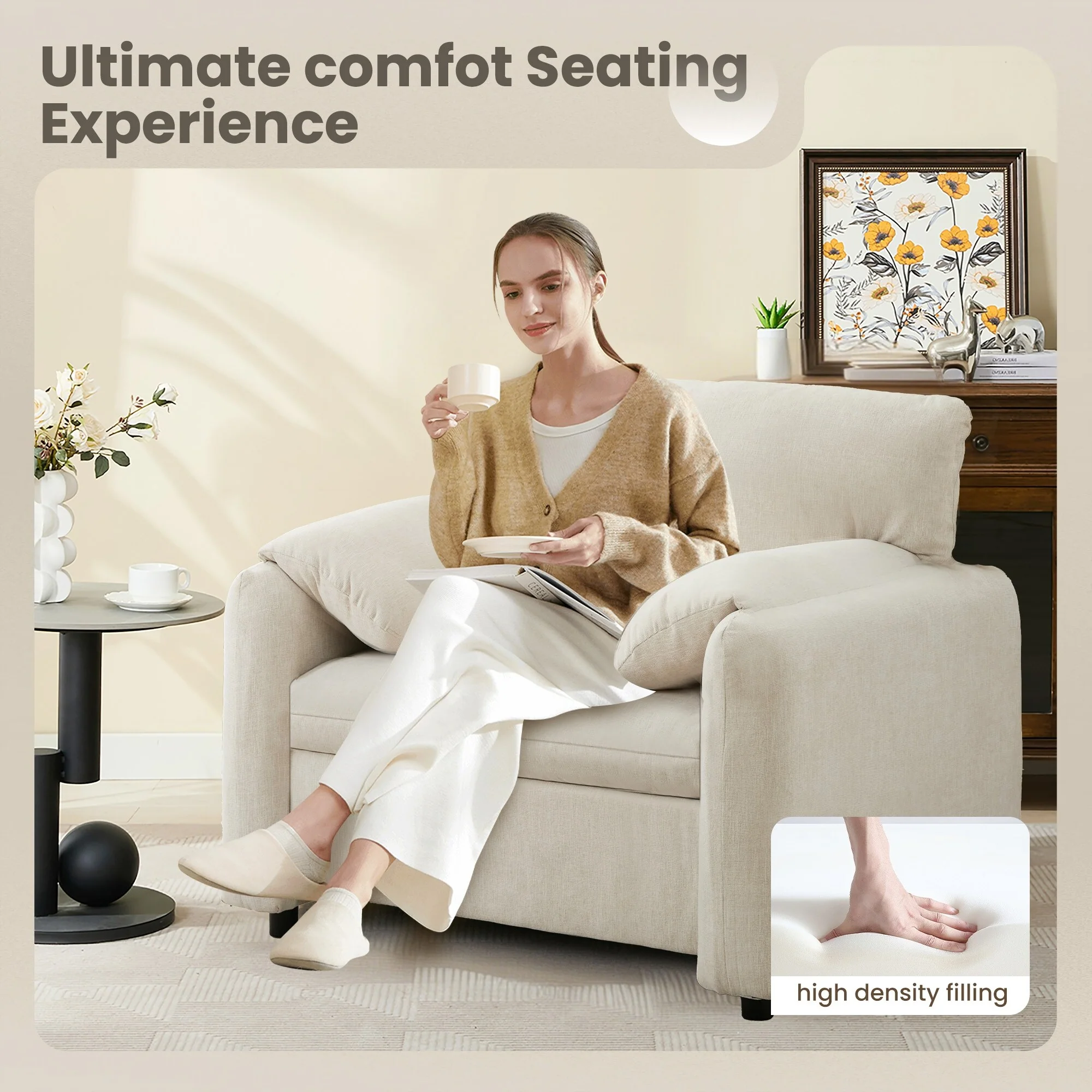 Chenille Oversized Armchair with Spring Cushion and Bread-Style Armrests