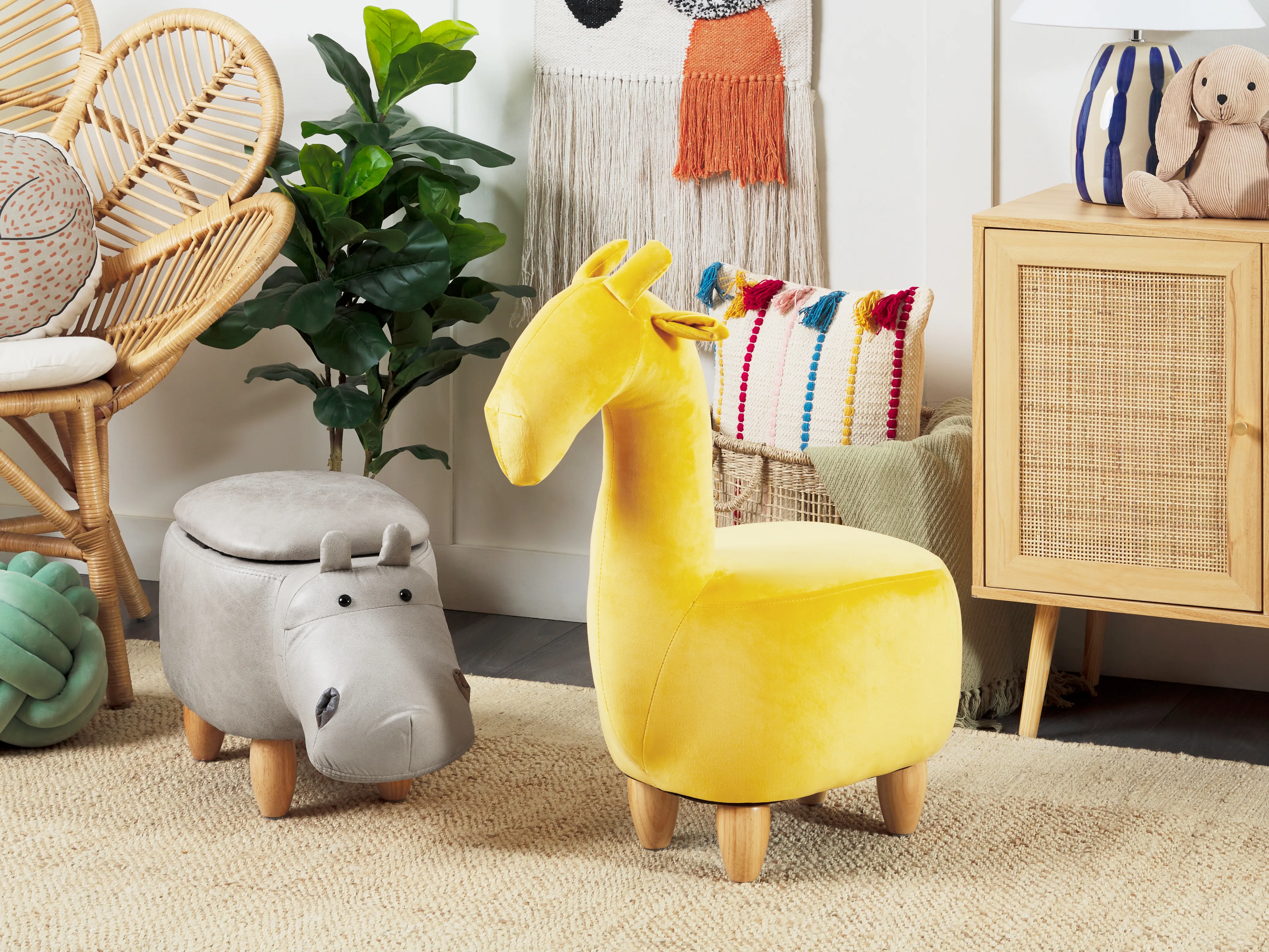 Storage Animal Stool HIPPO Faux Leather Light Grey Hippo