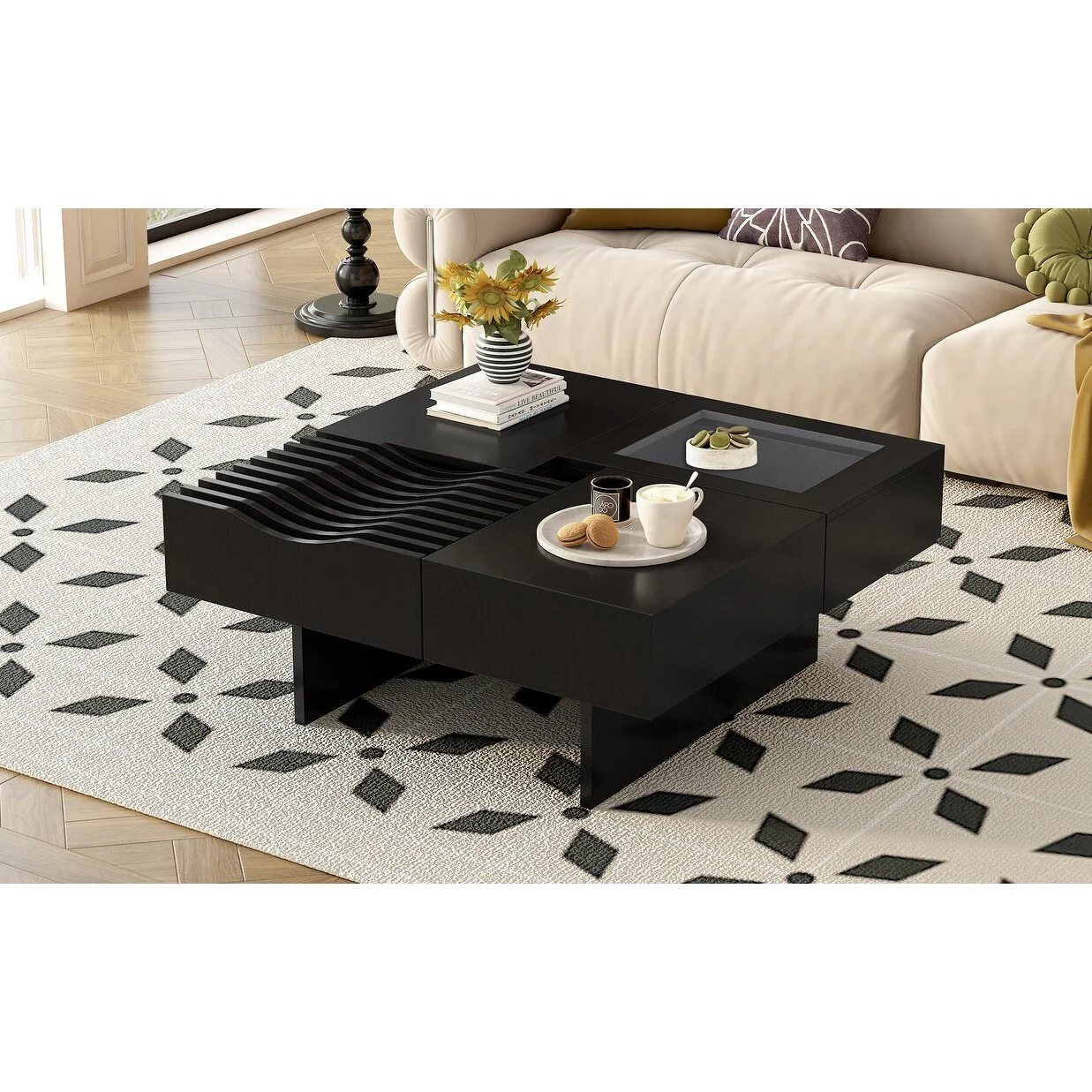 Mid Century Modern Coffee Table,Unique Square Wooden Coffee Table With 3 Drawers