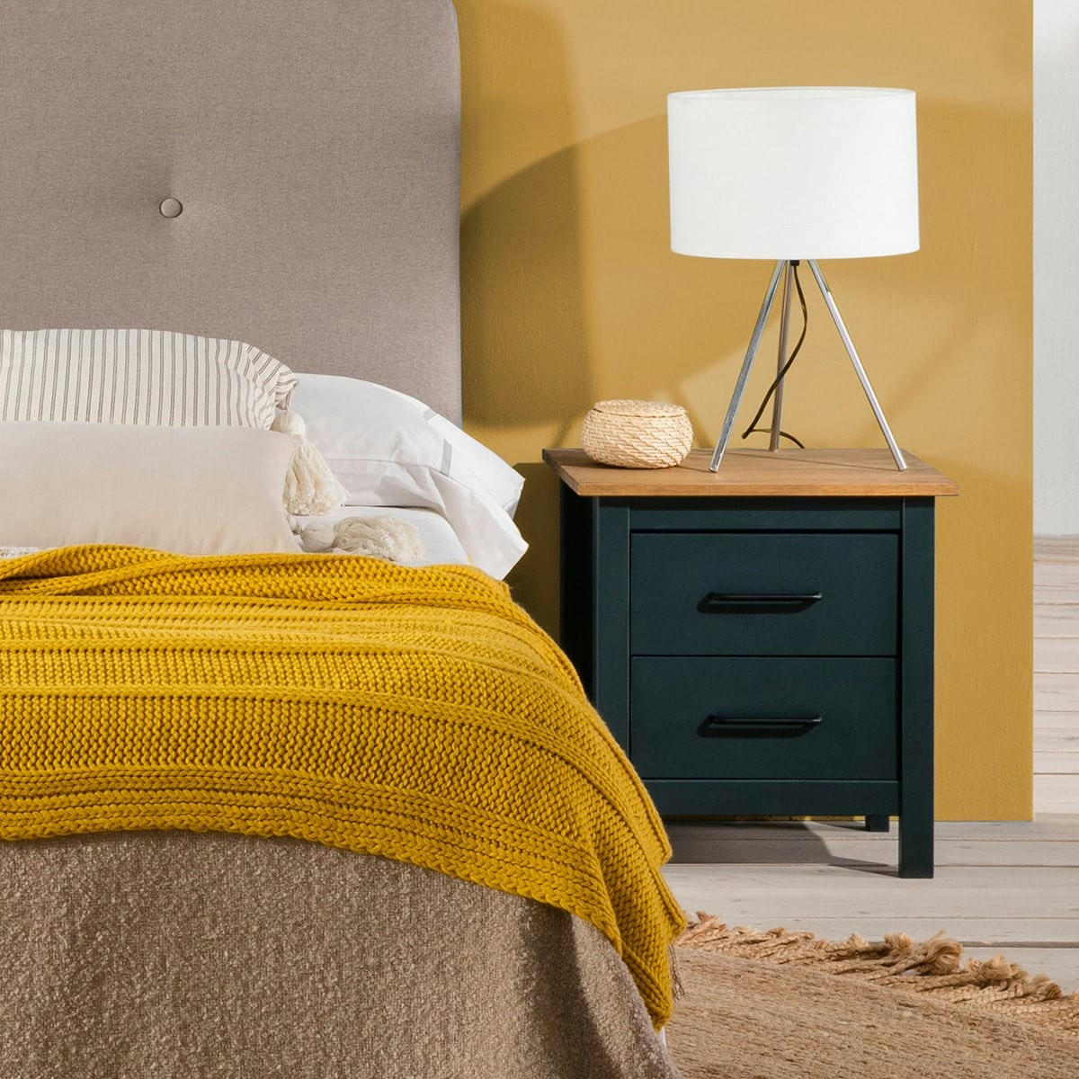 IDA - Table de chevet 2 tiroirs en pin massif / bleu