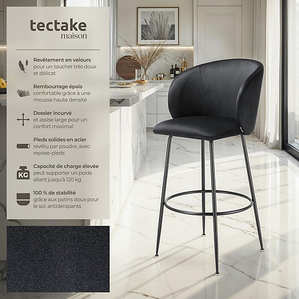 Chaise de bar en velours rembourré avec dossier large et un repose-pieds Lot de 2