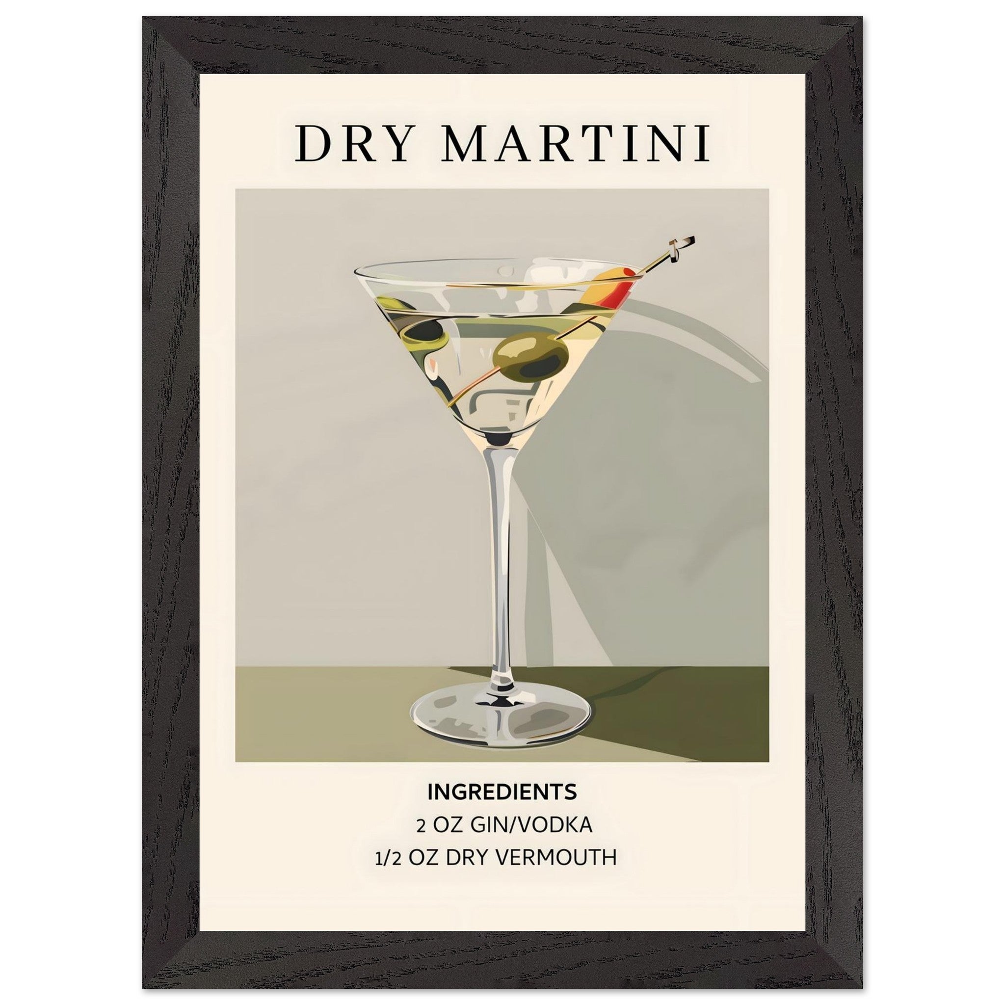 Artfulprints Poster met Lijst Dry Martini cocktail - Ingrediënten  - A4 21x29.7 cm - Groen