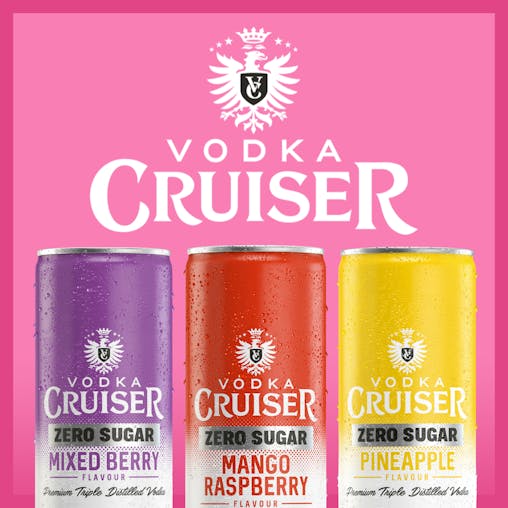 Vodka Cruiser Sugar Free Mango Raspberry, Refreshing Flavoured Pre-Mixed Vodka Drink, 4.6% ABV, 275mL (Case of 24 Cans)