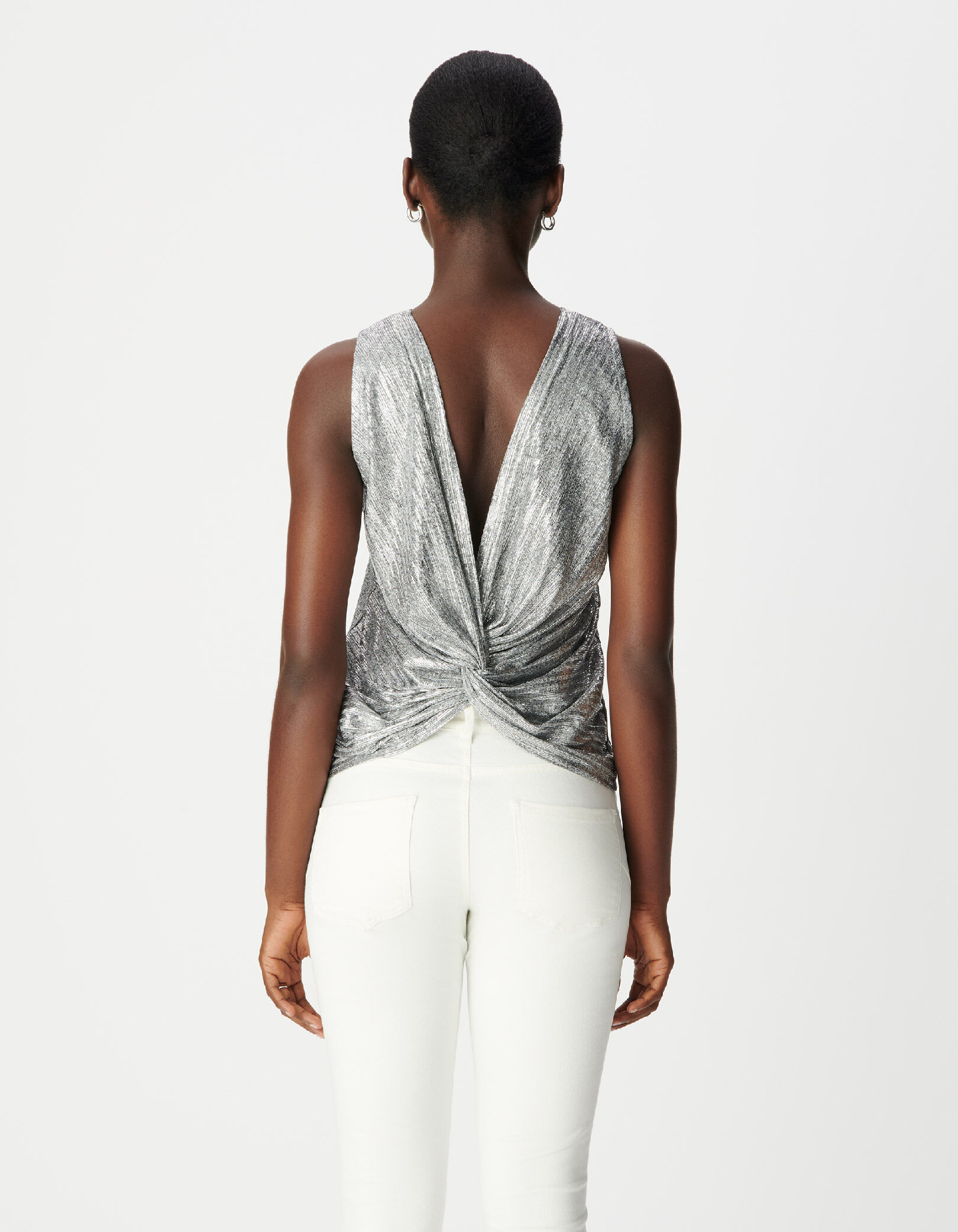 Tee-shirt sans manches gris argenté nœud dos Femme