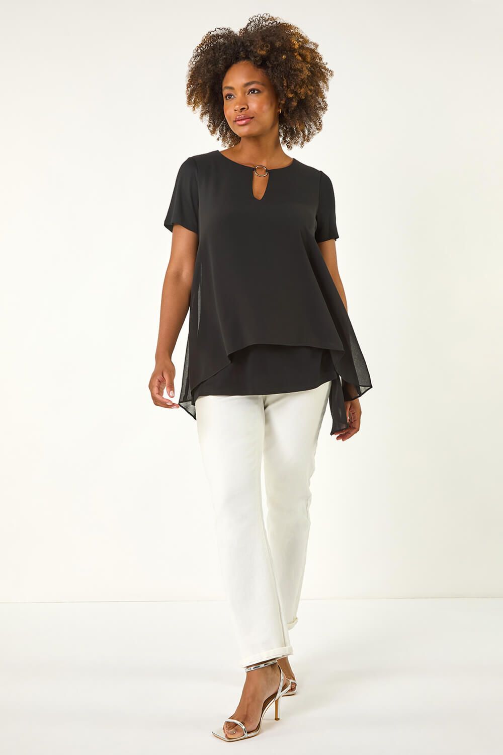 Roman Ring Front Chiffon Overlay Top
